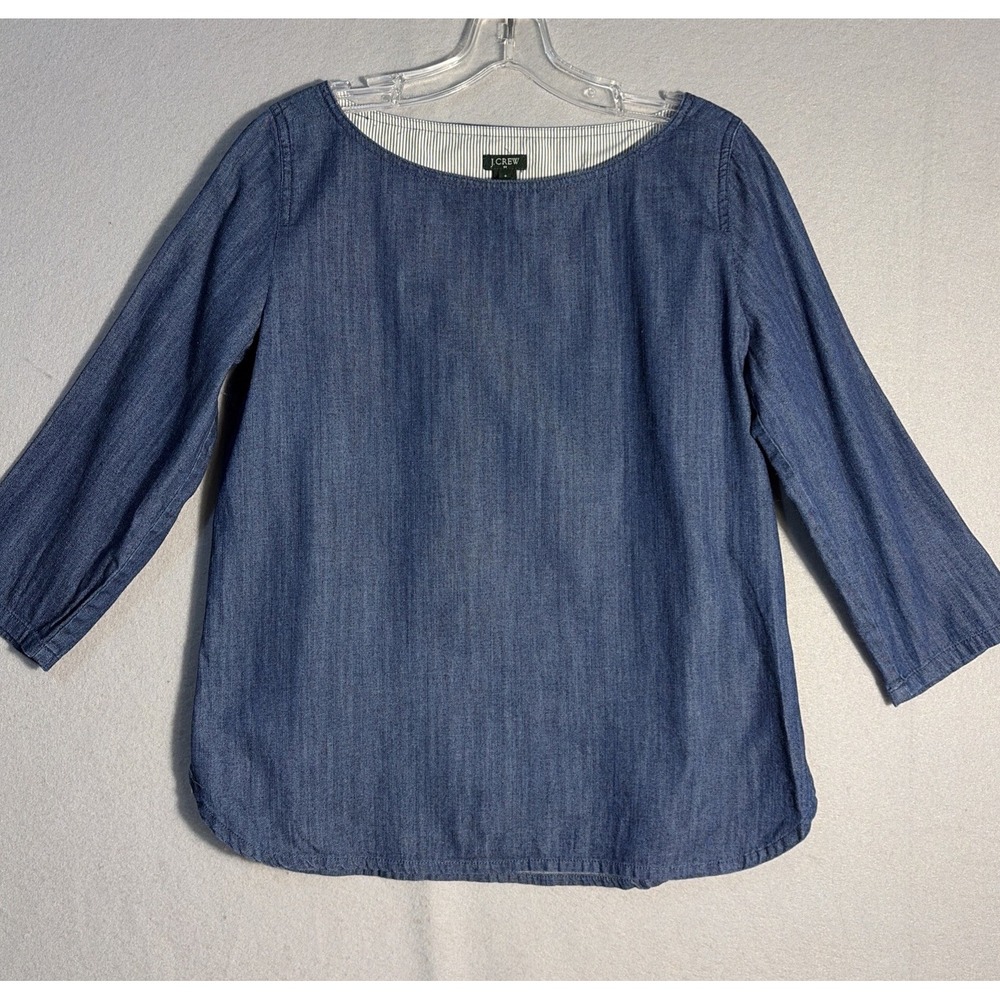J. CREW Top Women's Size 6 Blue Denim Blouse Boat Neck 3/4 Sleeve-EUC